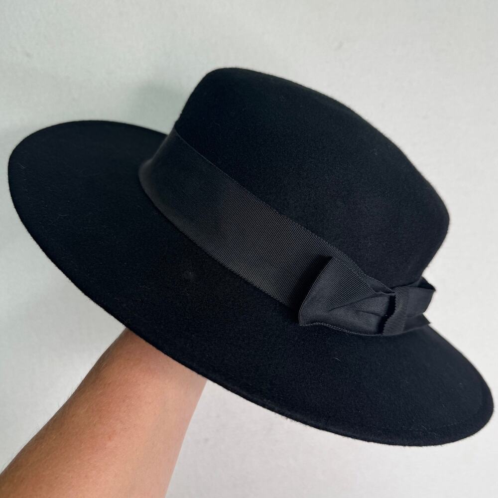 Vintage 1970s-80s Arlin Black Wool Felt Wide Brim Hat Bow Made USA 22”